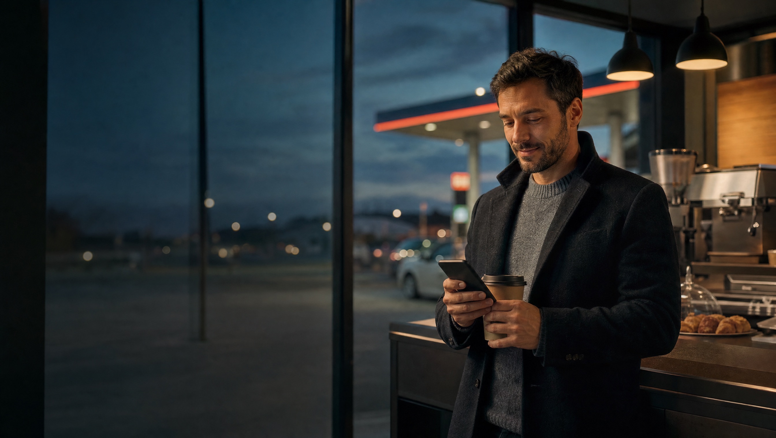 A man at a gas station in the evening holding coffee and looking at his phone after paying